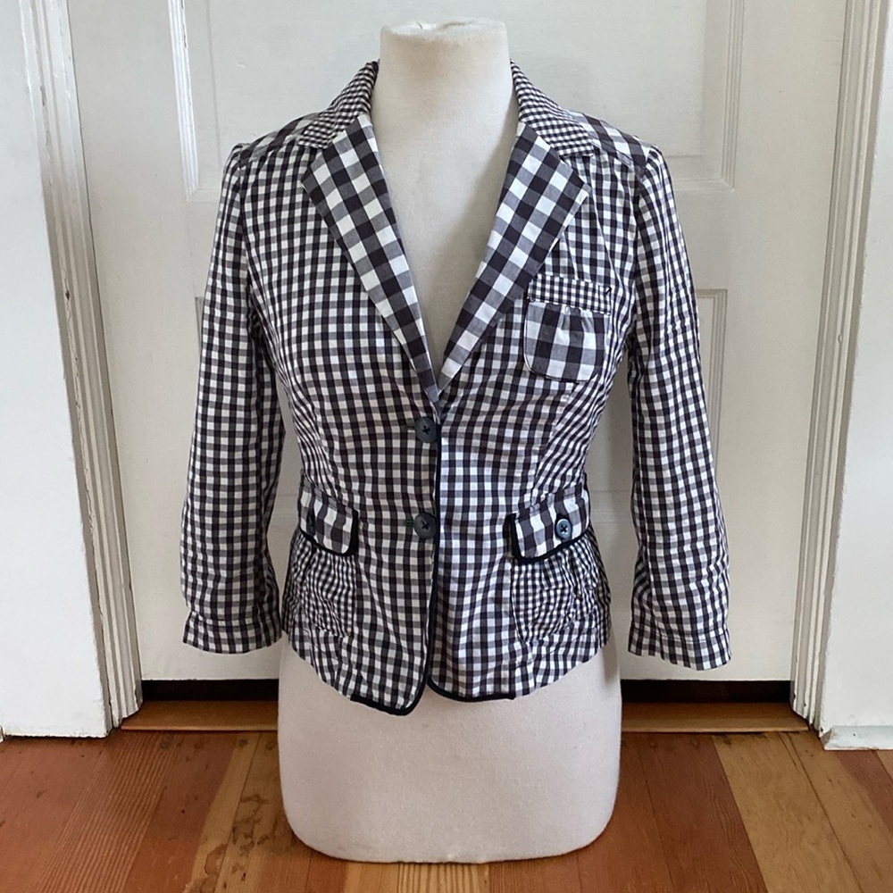 Taikonku Black‎ and White Gingham Print 3/4 Sleeve Blazer Jacket 2